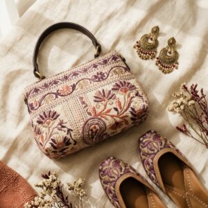 Bolso, pendientes y juttis artesanales indios sobre lino crema - Categoría Accesorios Shukar