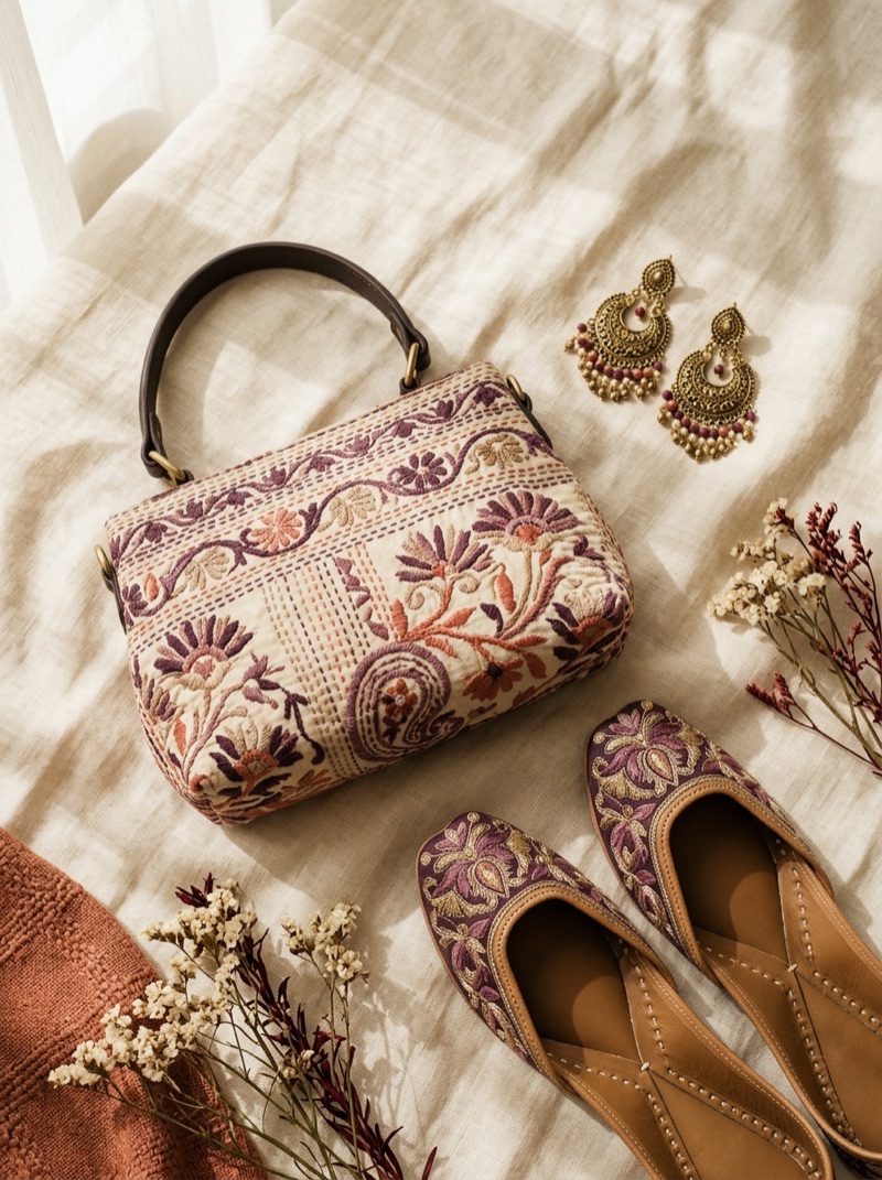Bolso, pendientes y juttis artesanales indios sobre lino crema - Categoría Accesorios Shukar