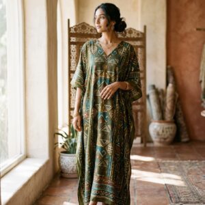 Kaftán indio fluido con estampado verde oliva y teal - Categoría Kaftanes Shukar
