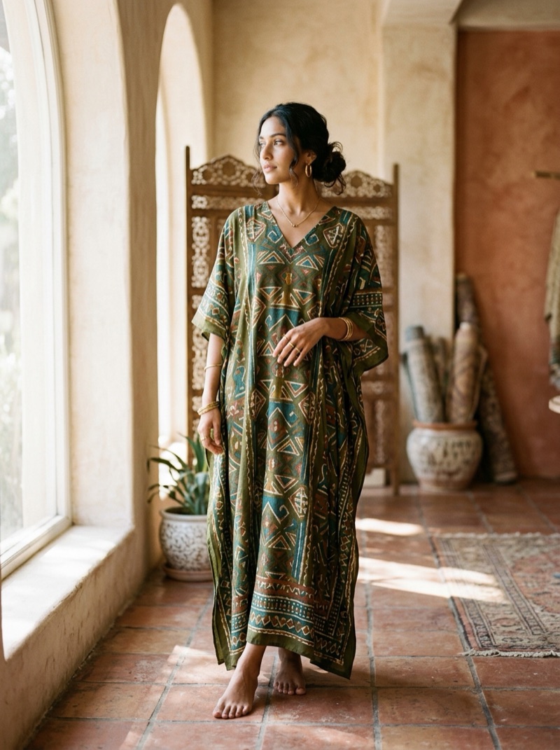 Kaftán indio fluido con estampado verde oliva y teal - Categoría Kaftanes Shukar