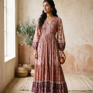 Vestido largo indio artesanal en tonos rosa y terracota - Categoría Vestidos Shukar