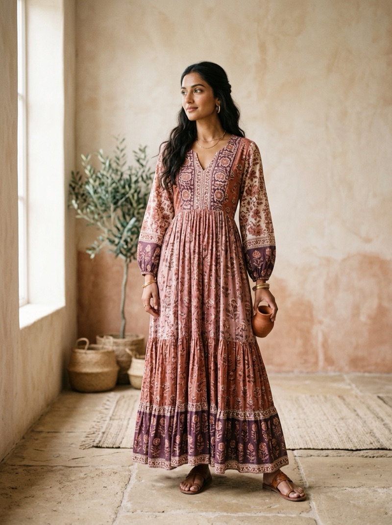Vestido largo indio artesanal en tonos rosa y terracota - Categoría Vestidos Shukar