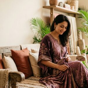 Mujer con kaftán malva bordado a mano en un interior cálido de boutique - Shukar moda india artesanal