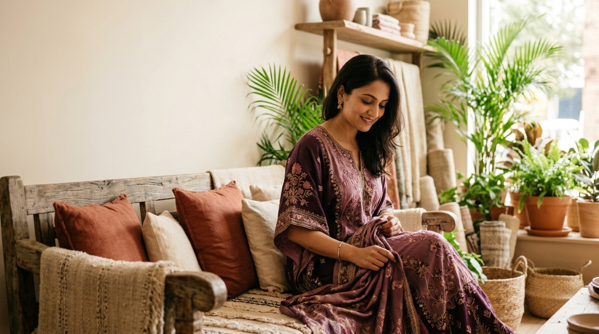 Mujer con kaftán malva bordado a mano en un interior cálido de boutique - Shukar moda india artesanal