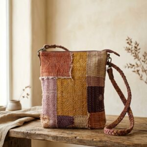 Bolso kantha bordado a mano en patchwork terracota, mostaza y malva - Bolso Kantha Shukar