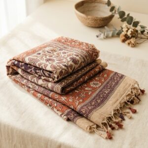 Pañuelo kalamkari de algodón estampado a mano en terracota y malva - Pañuelo Kalamkari Shukar