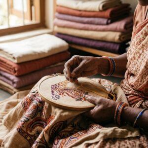 Manos de artesana india bordando kantha sobre textil cálido - Nuestra historia Shukar
