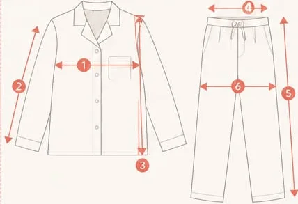 Dibujo de la camisa y el pantalón de un pijama de adulto con las medidas señaladas y numeradas