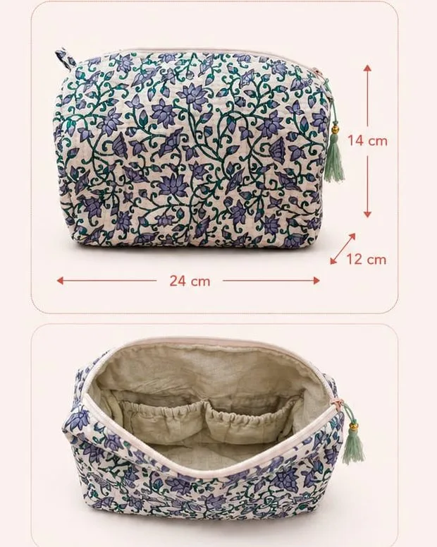 Neceser Súper de algodón estampado en lila, cerrado y abierto, con sus medidas marcadas