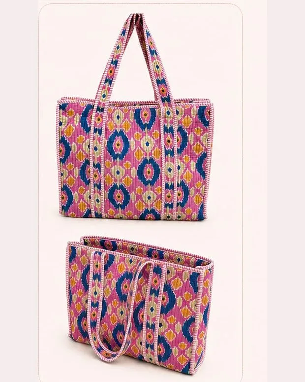 Bolso Tote Bag de algodón estampado en rosa y azul, de frente y de lado