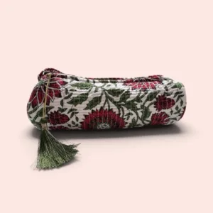 Neceser mediano Shukar de algodón con estampado artesanal blanco y rojo