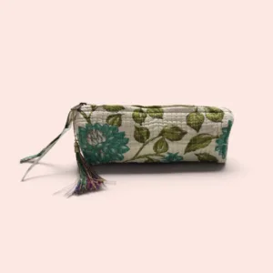 Neceser mediano Shukar de algodón con estampado artesanal de hojas verdes