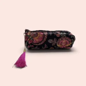 Neceser mediano Shukar de algodón con estampado artesanal negro