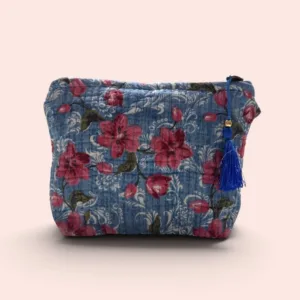 Neceser pequeño Shukar de algodón con estampado artesanal azul