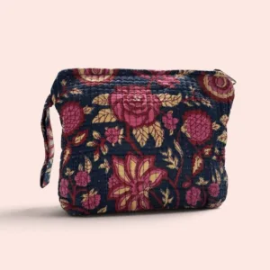 Neceser pequeño Shukar de algodón con estampado artesanal azul y rosa