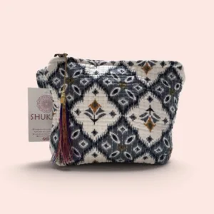 Neceser pequeño Shukar de algodón con estampado artesanal blanco y azul
