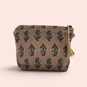 Neceser pequeño Shukar de algodón con estampado artesanal marrón