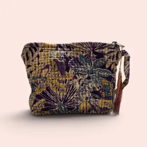 Neceser pequeño Shukar de algodón con estampado artesanal morado y amarillo