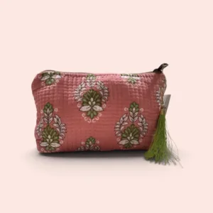 Neceser pequeño Shukar de algodón con estampado artesanal salmón