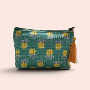 Neceser pequeño Shukar de algodón con estampado artesanal verde