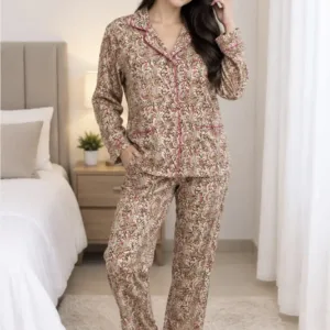 Pijama largo de algodón estampado marrón, talla S