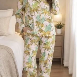Pijama largo de algodón estampado Tigre en blanco, talla M
