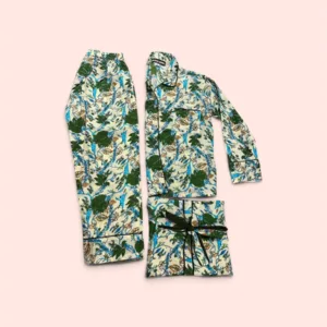Pijama infantil Shukar de algodón con estampado artesanal beige y verde, talla 6/7