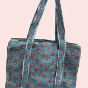 Bolso Tote Bag con cremallera Shukar de algodón con estampado artesanal azul