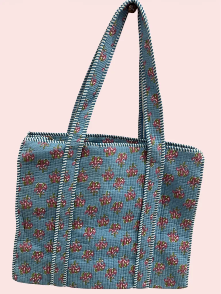 Bolso Tote Bag con cremallera Shukar de algodón con estampado artesanal azul