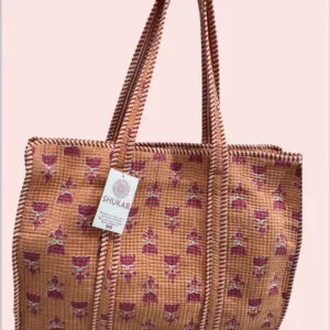 Bolso Tote Bag con cremallera Shukar de algodón con estampado artesanal naranja