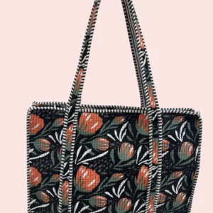 Bolso Tote Bag con cremallera Shukar de algodón con estampado artesanal negro