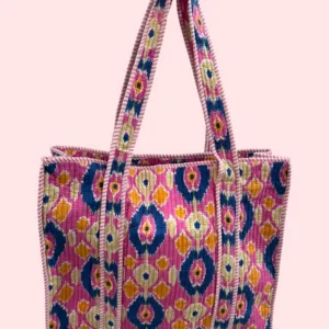 Bolso Tote Bag con cremallera Shukar de algodón con estampado artesanal rosa