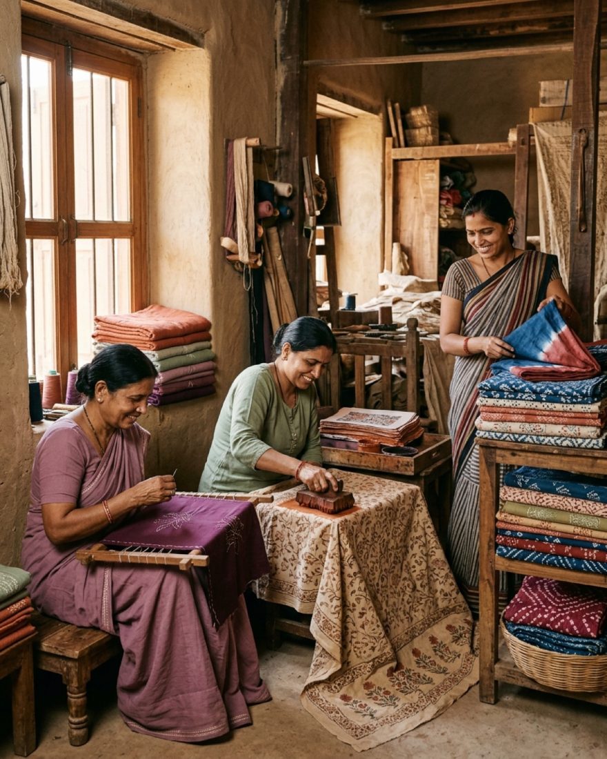 Grupo de mujeres artesanas trabajando bordados y estampación en un taller familiar de India