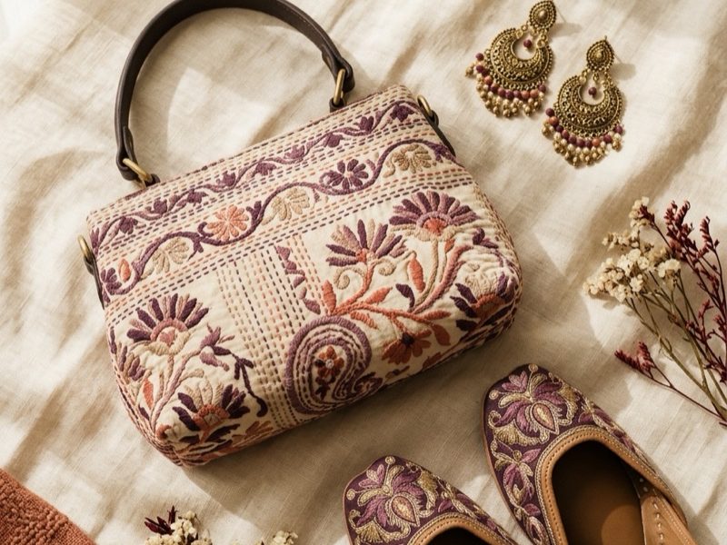 Bolso, pendientes y juttis artesanales indios sobre lino crema - Categoría Accesorios Shukar