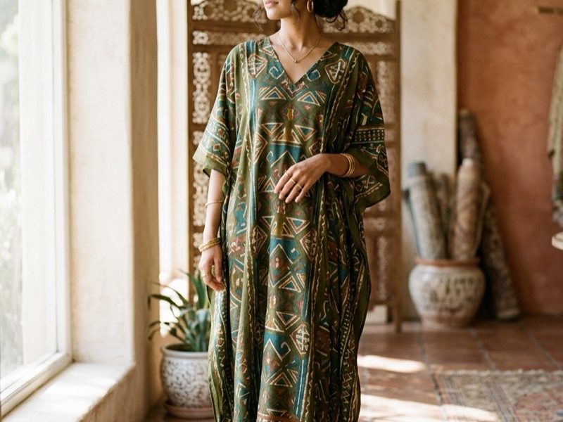 Kaftán indio fluido con estampado verde oliva y teal - Categoría Kaftanes Shukar