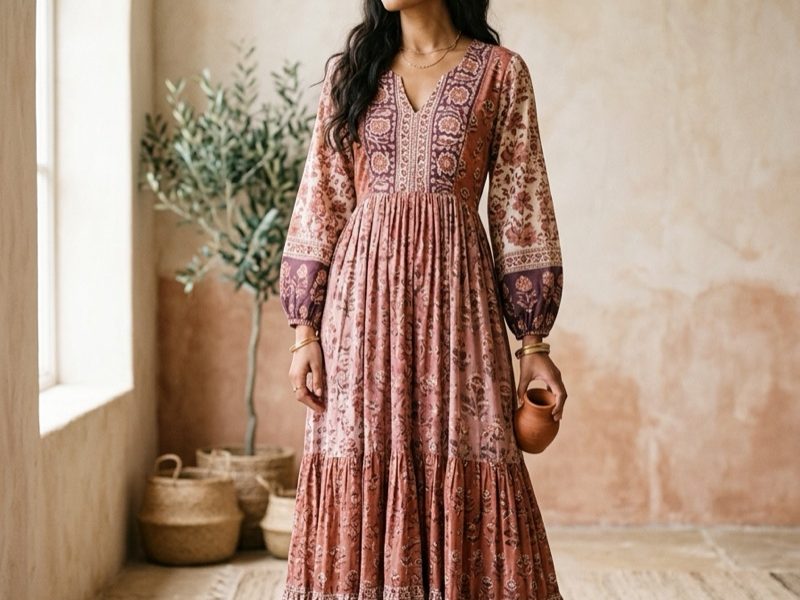 Vestido largo indio artesanal en tonos rosa y terracota - Categoría Vestidos Shukar