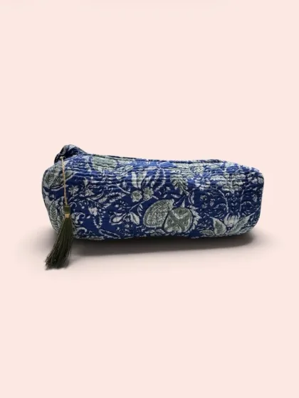 Neceser grande Shukar de algodón con estampado artesanal azul
