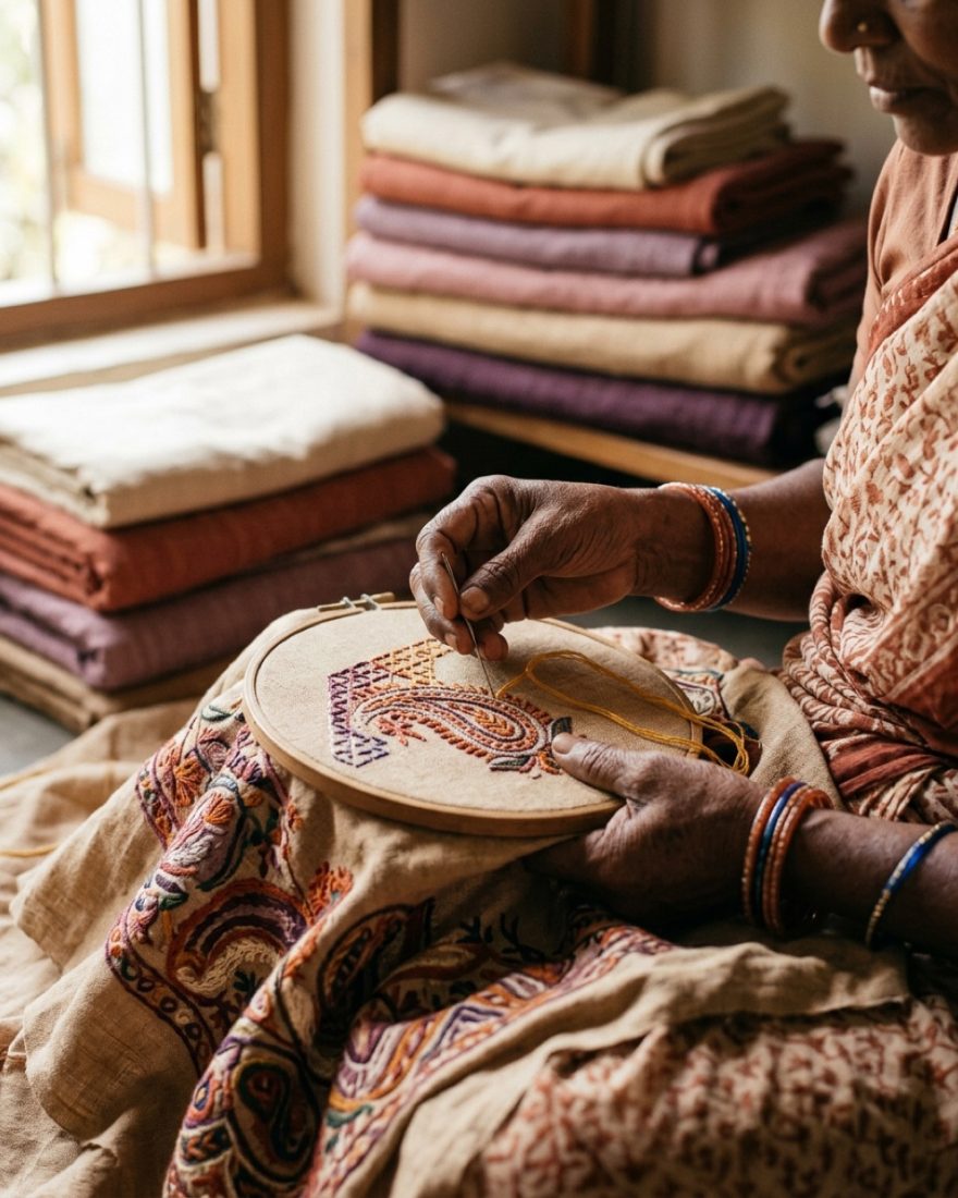 Manos de artesana india bordando kantha sobre textil cálido - Nuestra historia Shukar