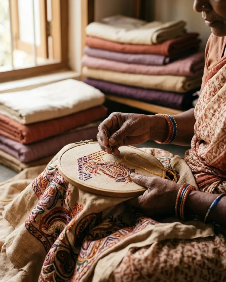 Manos de artesana india bordando kantha sobre textil cálido - Nuestra historia Shukar