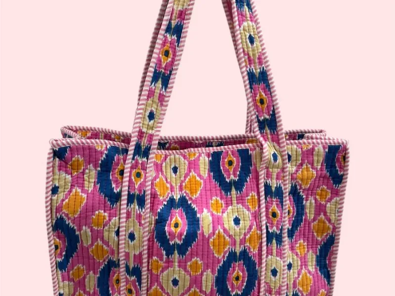 Bolso Tote Bag con cremallera Shukar de algodón con estampado artesanal rosa